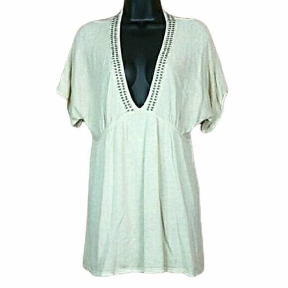 Michael Kors Swim Cover Womens Sz S Ivory Linen Blend Baby Doll Tunic V Neck Top - Picture 2 of 6